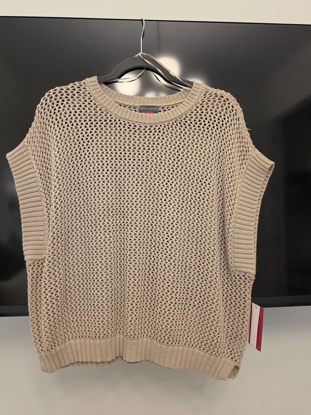 Vince Camuto Beige Open-Knit Sleeveless Sweater